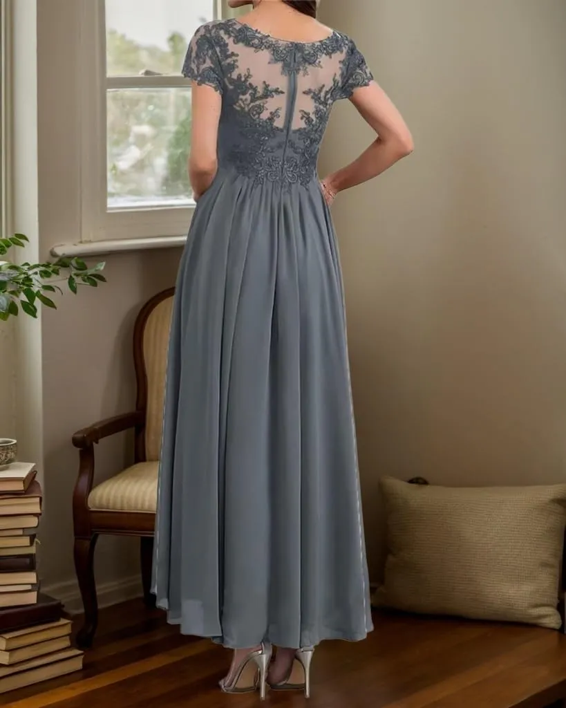 Mother of The Bride Dresses Lace Applique Chiffon Formal Evening Dress Short Sleeve A Line Prom Gown for Women