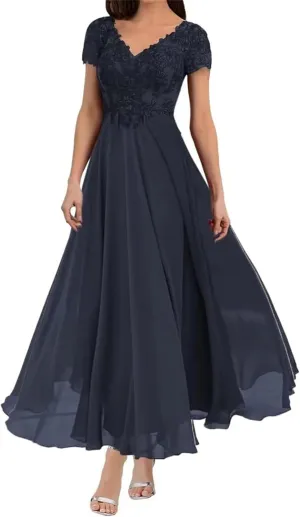 Mother of The Bride Dresses Lace Applique Chiffon Formal Evening Dress Short Sleeve A Line Prom Gown for Women
