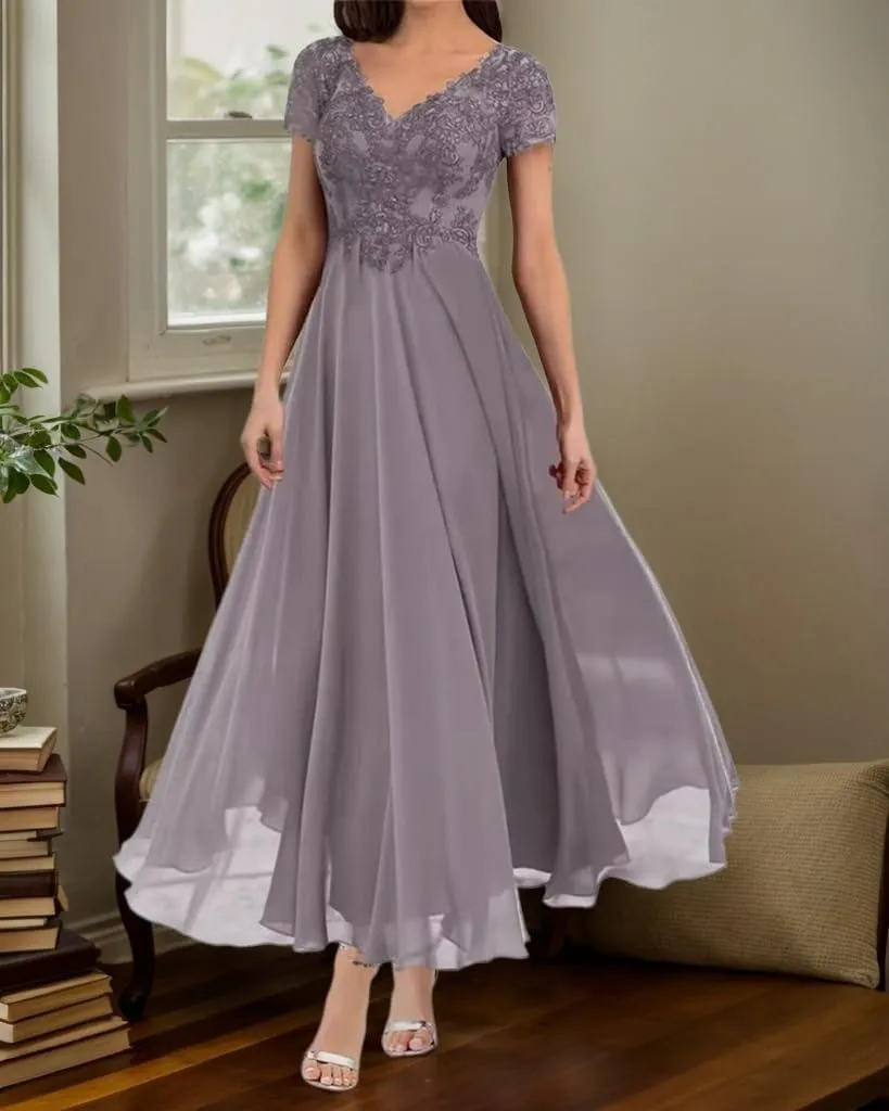 Mother of The Bride Dresses Lace Applique Chiffon Formal Evening Dress Short Sleeve A Line Prom Gown for Women