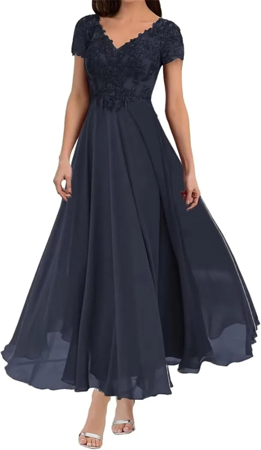 Mother of The Bride Dresses Lace Applique Chiffon Formal Evening Dress Short Sleeve A Line Prom Gown for Women