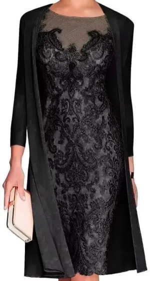 Mother of The Bride Dresses with Jackets Women's Tea Length Lace Chiffon Wedding Guest Dress 2 Pieces Evening Gowns LVY007