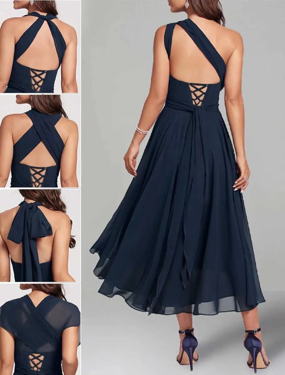 Multi-Way Chiffon Mother of The Bride Dress for Wedding One Shoulder Convertible Formal Evening Gown