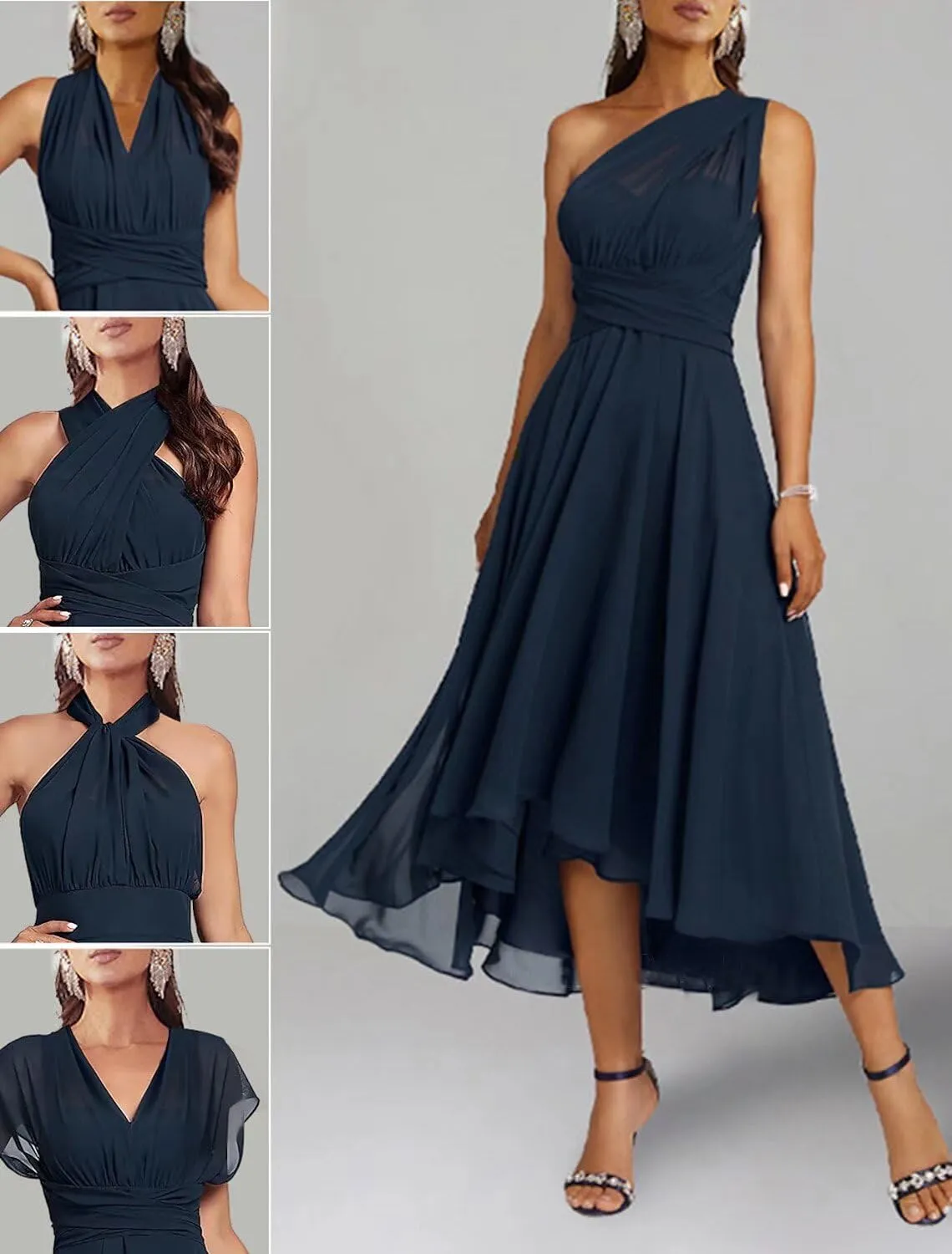 Multi-Way Chiffon Mother of The Bride Dress for Wedding One Shoulder Convertible Formal Evening Gown
