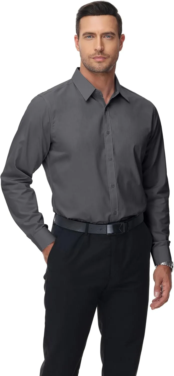 MUSE FATH Men's Long Sleeve Slim Fit Dress Shirts Stain Shield Solid Formal Shirt Business Casual Button Down Shirts