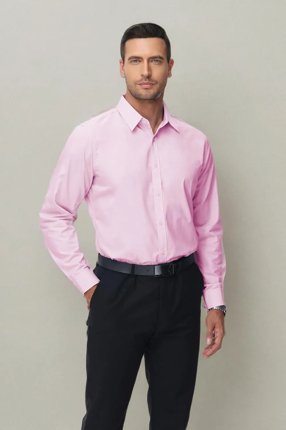MUSE FATH Men's Long Sleeve Slim Fit Dress Shirts Stain Shield Solid Formal Shirt Business Casual Button Down Shirts