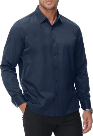 MUSE FATH Men's Long Sleeve Slim Fit Dress Shirts Stain Shield Solid Formal Shirt Business Casual Button Down Shirts