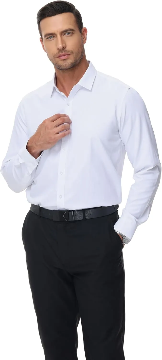 MUSE FATH Men's Long Sleeve Slim Fit Dress Shirts Stain Shield Solid Formal Shirt Business Casual Button Down Shirts
