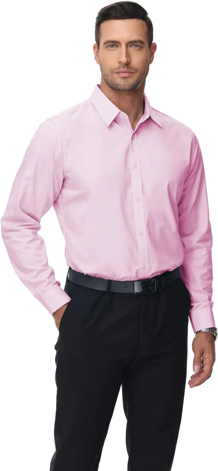 MUSE FATH Men's Long Sleeve Slim Fit Dress Shirts Stain Shield Solid Formal Shirt Business Casual Button Down Shirts