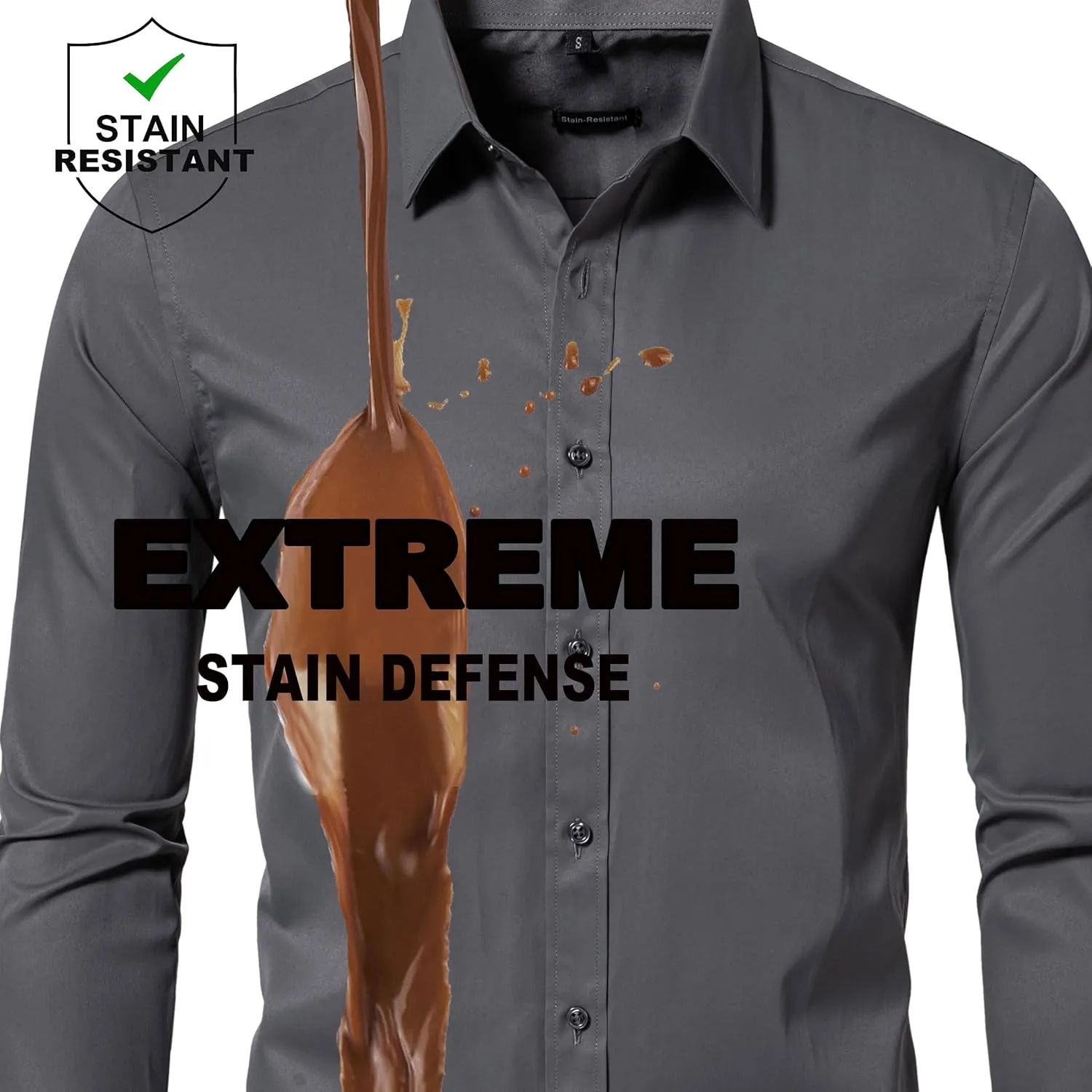 MUSE FATH Men's Long Sleeve Slim Fit Dress Shirts Stain Shield Solid Formal Shirt Business Casual Button Down Shirts