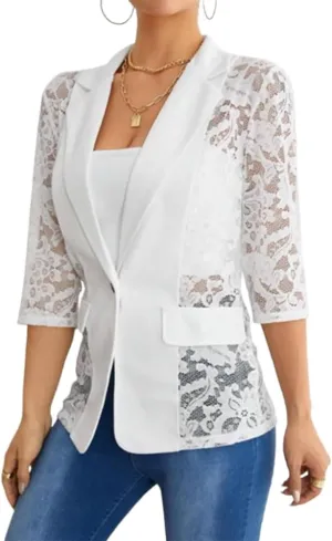 Mywinway Lace Blazers for Women 2025 Spring Summer 3/4 Sleeve Lapel Neck Casual Mesh Button Down Jacket Blazer