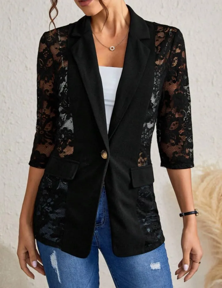 Mywinway Lace Blazers for Women 2025 Spring Summer 3/4 Sleeve Lapel Neck Casual Mesh Button Down Jacket Blazer