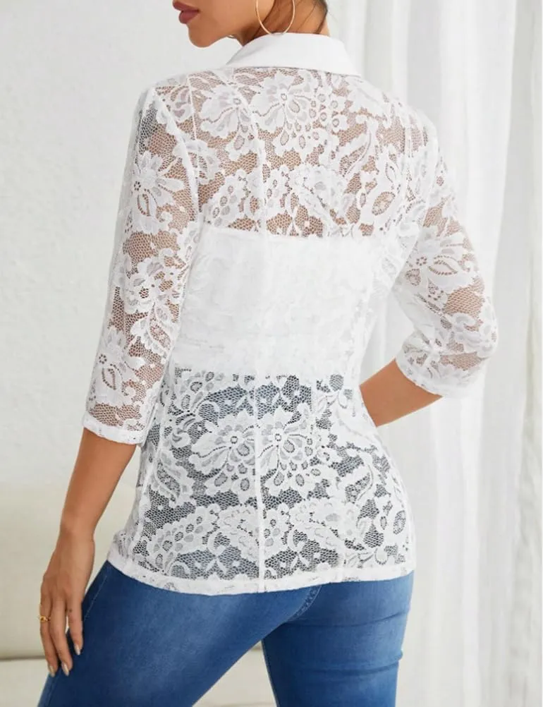 Mywinway Lace Blazers for Women 2025 Spring Summer 3/4 Sleeve Lapel Neck Casual Mesh Button Down Jacket Blazer