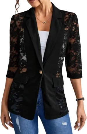 Mywinway Lace Blazers for Women 2025 Spring Summer 3/4 Sleeve Lapel Neck Casual Mesh Button Down Jacket Blazer