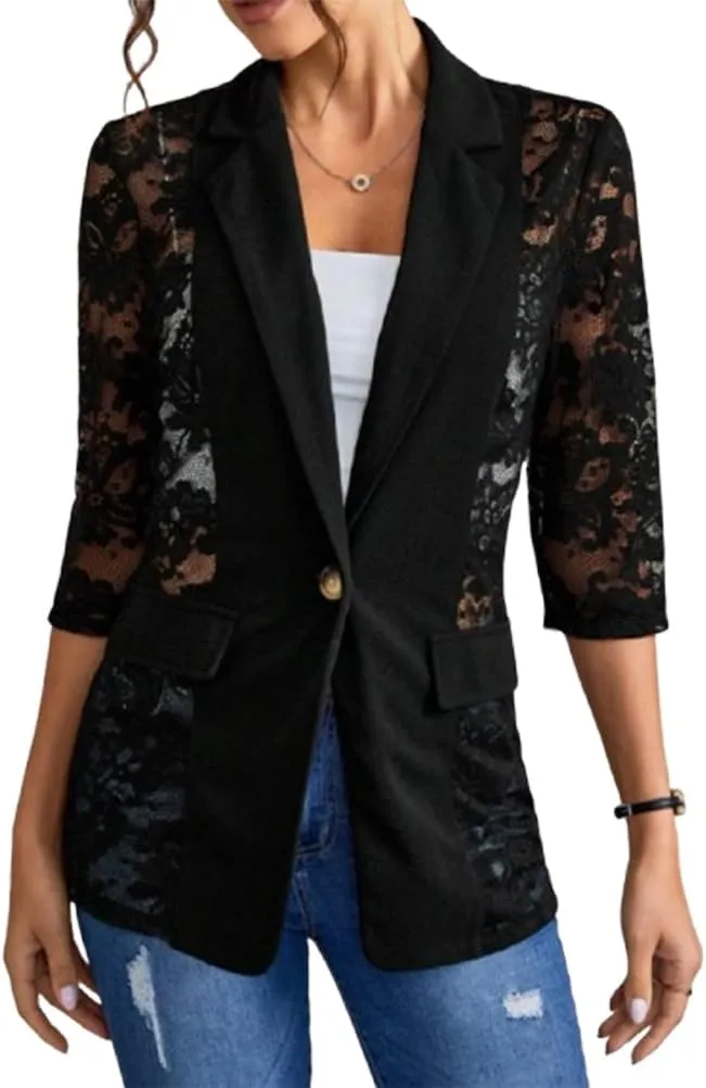 Mywinway Lace Blazers for Women 2025 Spring Summer 3/4 Sleeve Lapel Neck Casual Mesh Button Down Jacket Blazer