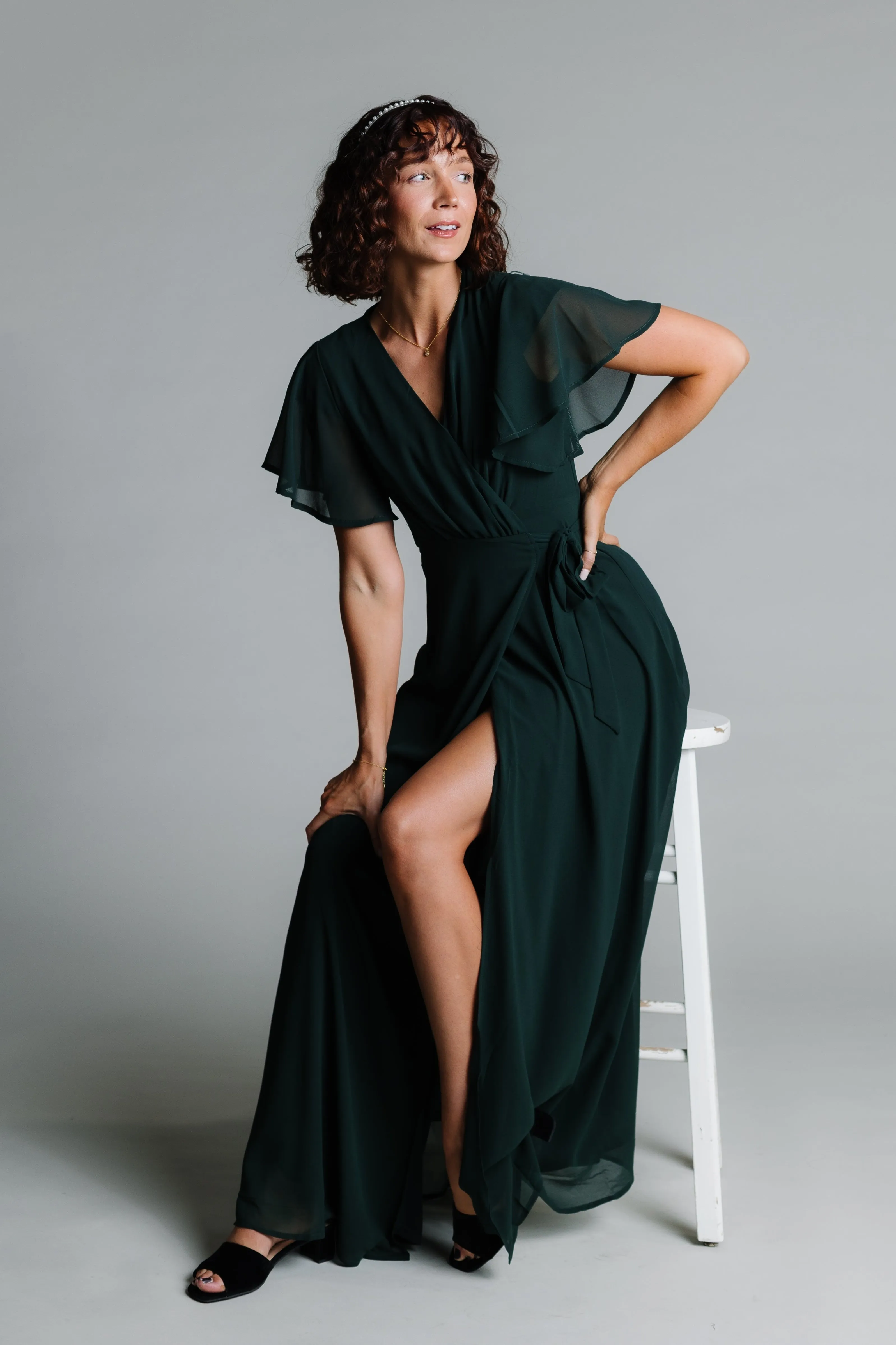 Naples Flutter Sleeve Wrap Maxi - Forest Green