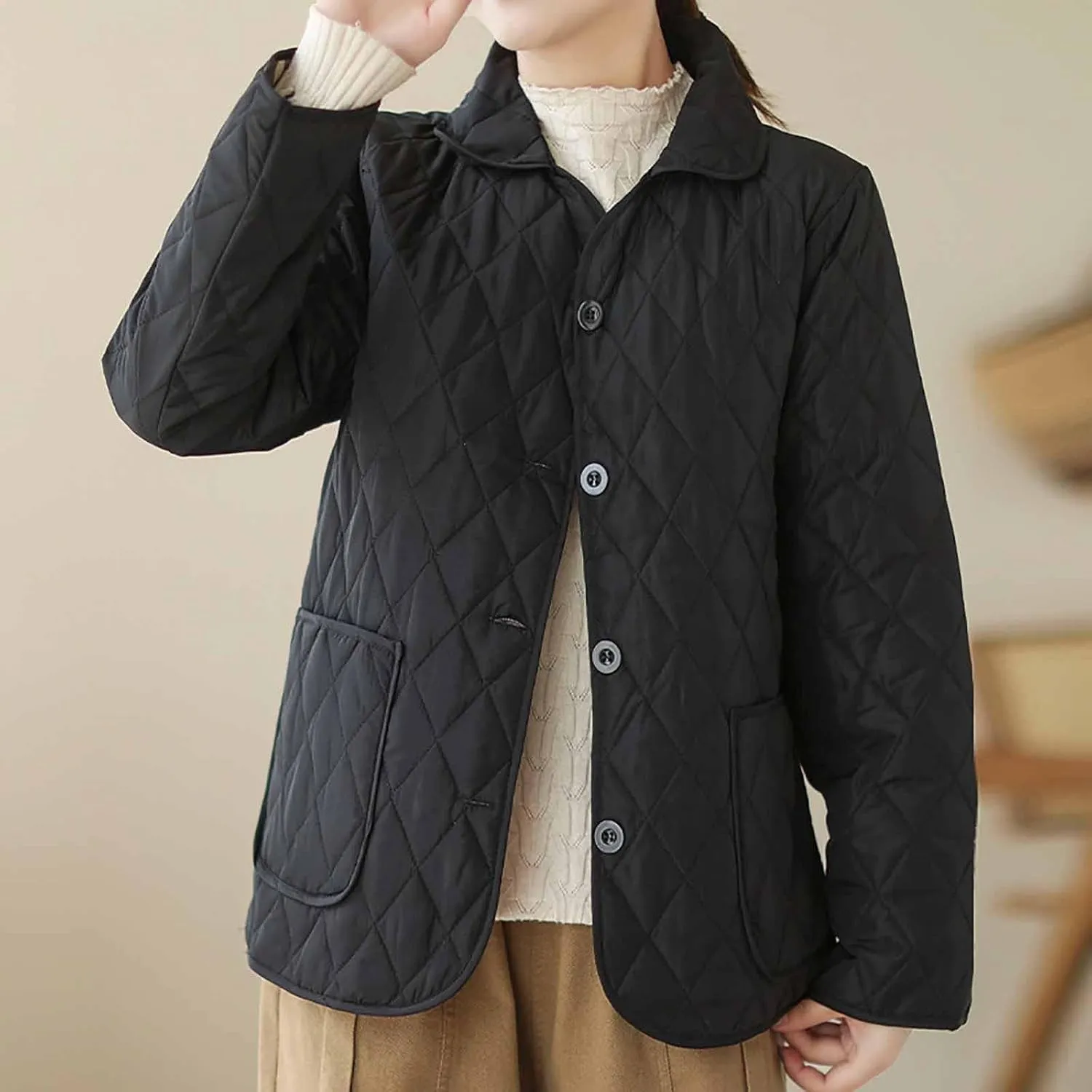 NATHGAM Lightweight Quilted Jackets for Women Winter Loose Fitted Diamond Padded Coats Textured Button Down Cotton Outwears