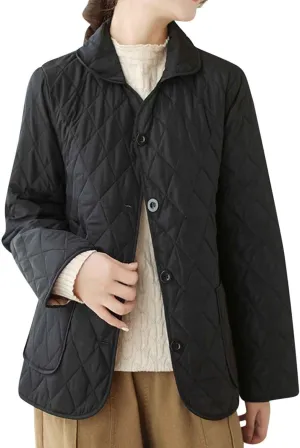 NATHGAM Lightweight Quilted Jackets for Women Winter Loose Fitted Diamond Padded Coats Textured Button Down Cotton Outwears