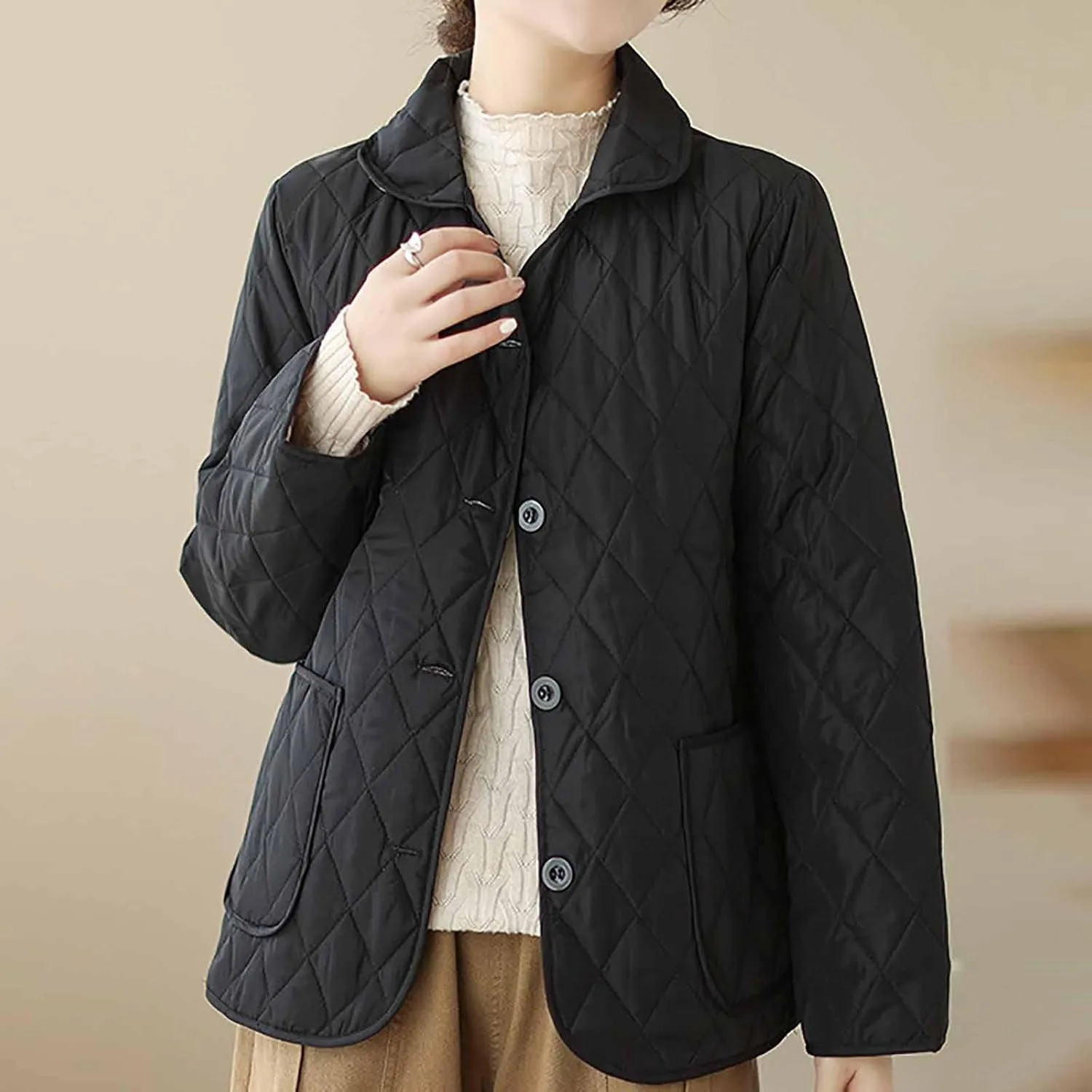 NATHGAM Lightweight Quilted Jackets for Women Winter Loose Fitted Diamond Padded Coats Textured Button Down Cotton Outwears