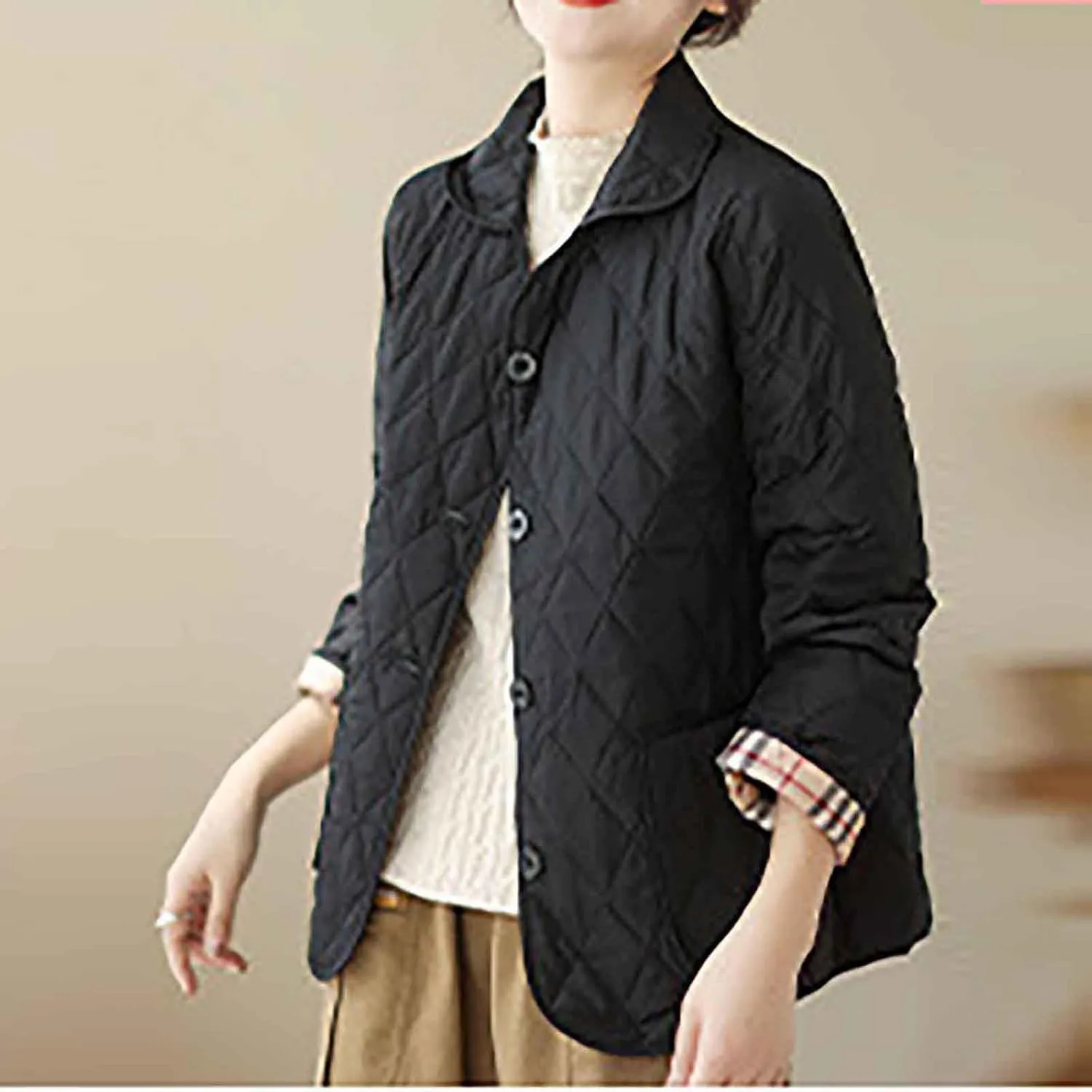 NATHGAM Lightweight Quilted Jackets for Women Winter Loose Fitted Diamond Padded Coats Textured Button Down Cotton Outwears