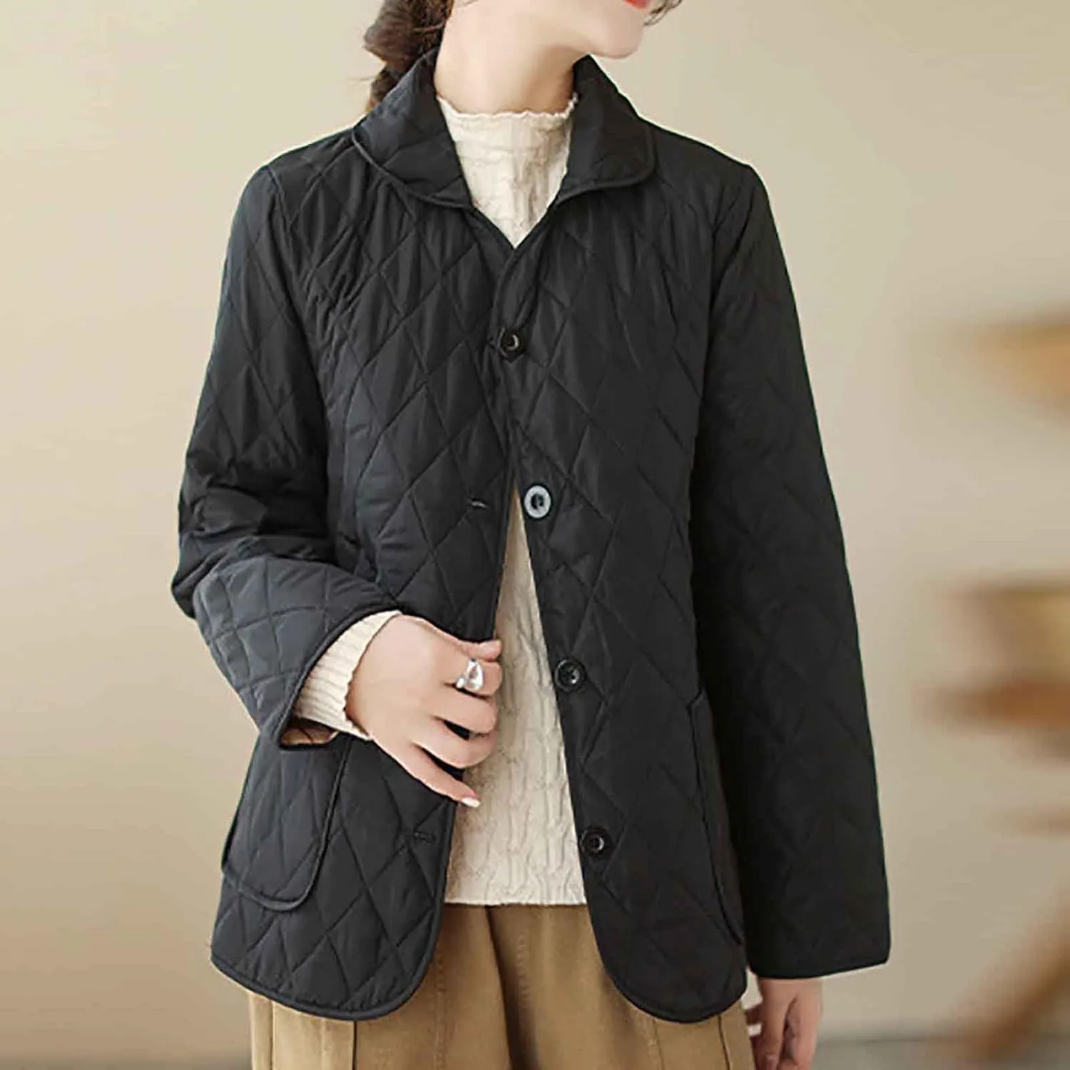 NATHGAM Lightweight Quilted Jackets for Women Winter Loose Fitted Diamond Padded Coats Textured Button Down Cotton Outwears