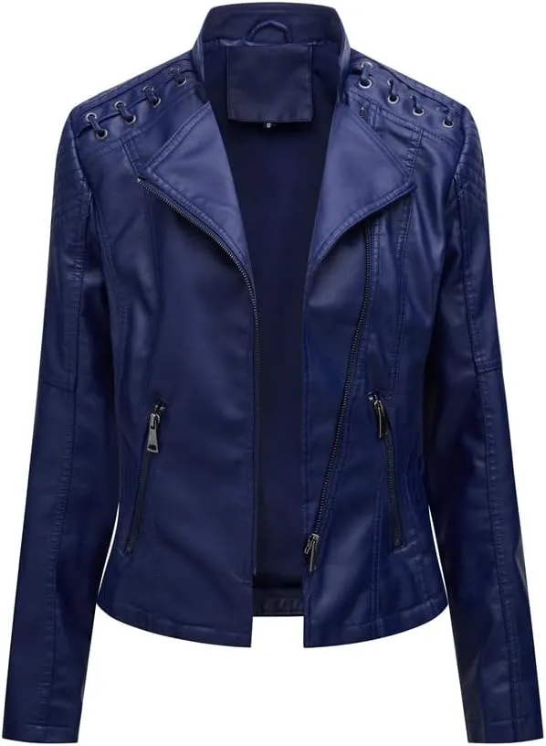 NATHGAM Womens Leather Jacket Long Sleeve Cropped Tops with Zipper Pockets Lightweight Vegan Lapel Biker Jacket Outerwear