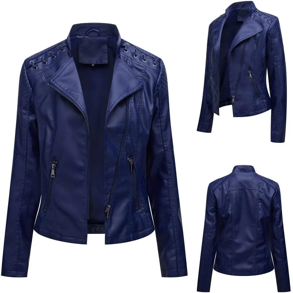 NATHGAM Womens Leather Jacket Long Sleeve Cropped Tops with Zipper Pockets Lightweight Vegan Lapel Biker Jacket Outerwear