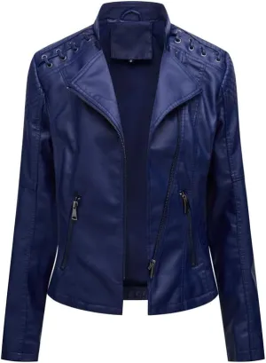NATHGAM Womens Leather Jacket Long Sleeve Cropped Tops with Zipper Pockets Lightweight Vegan Lapel Biker Jacket Outerwear