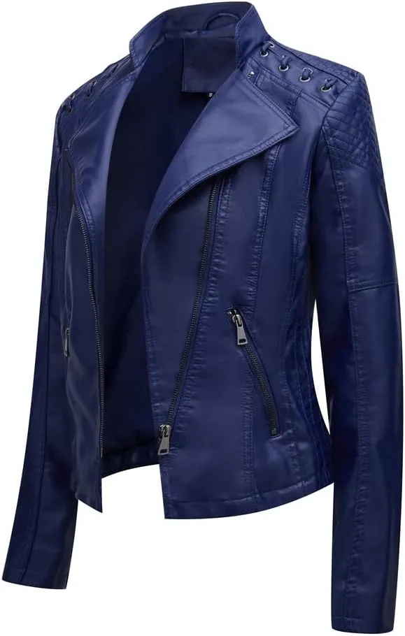 NATHGAM Womens Leather Jacket Long Sleeve Cropped Tops with Zipper Pockets Lightweight Vegan Lapel Biker Jacket Outerwear