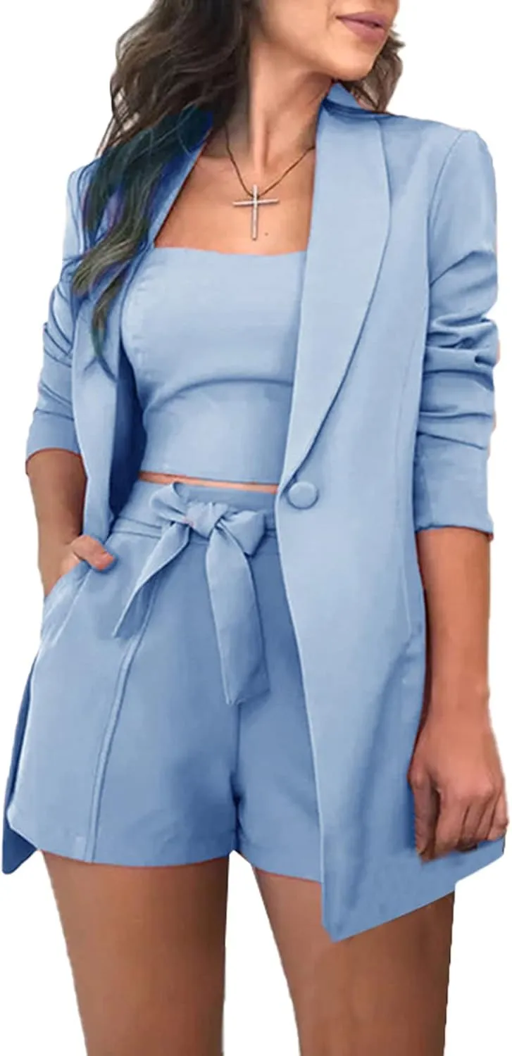 NRTHYE Women Sexy Bussiness Outfits 3 Piece Open Front Button Blazers   Crop Tops   Belted Shorts Set Jumpsuits
