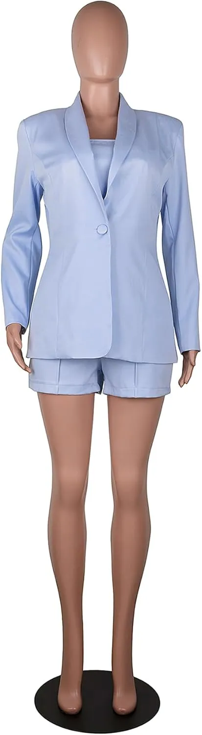 NRTHYE Women Sexy Bussiness Outfits 3 Piece Open Front Button Blazers   Crop Tops   Belted Shorts Set Jumpsuits