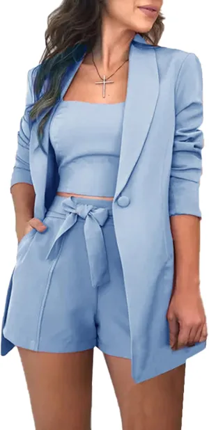 NRTHYE Women Sexy Bussiness Outfits 3 Piece Open Front Button Blazers   Crop Tops   Belted Shorts Set Jumpsuits
