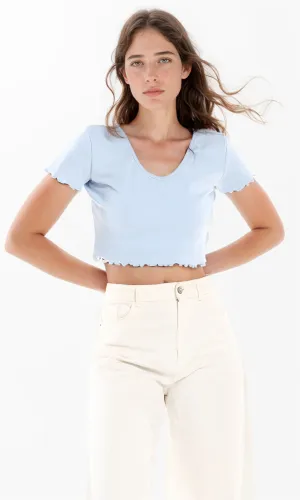 O155001 Deep V-Neck Baby Blue Cotton Top