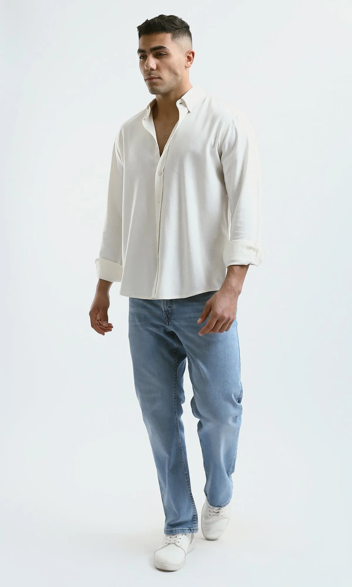 O181033 Turn Down Collar Solid Ivory Shirt