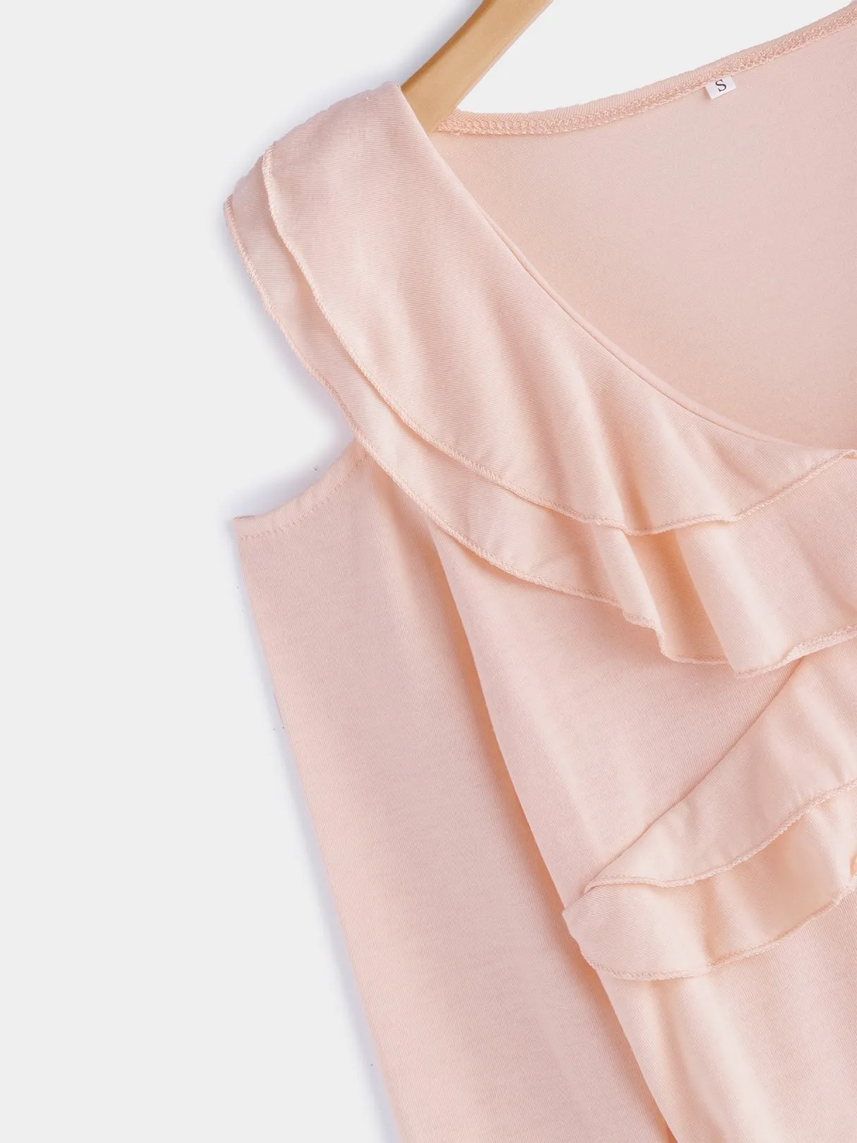 OEM ODM Cold Shoulder Deep V Neck Plain Crossed Front Tiered Cut Out Pleated Long Sleeve Pink T-Shirts