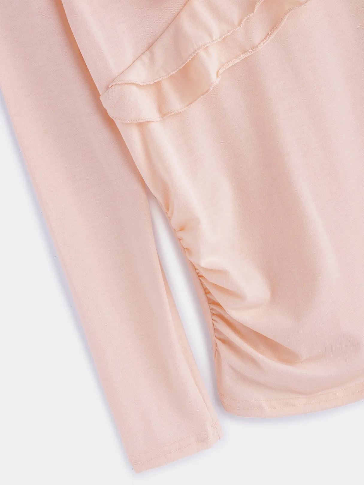 OEM ODM Cold Shoulder Deep V Neck Plain Crossed Front Tiered Cut Out Pleated Long Sleeve Pink T-Shirts