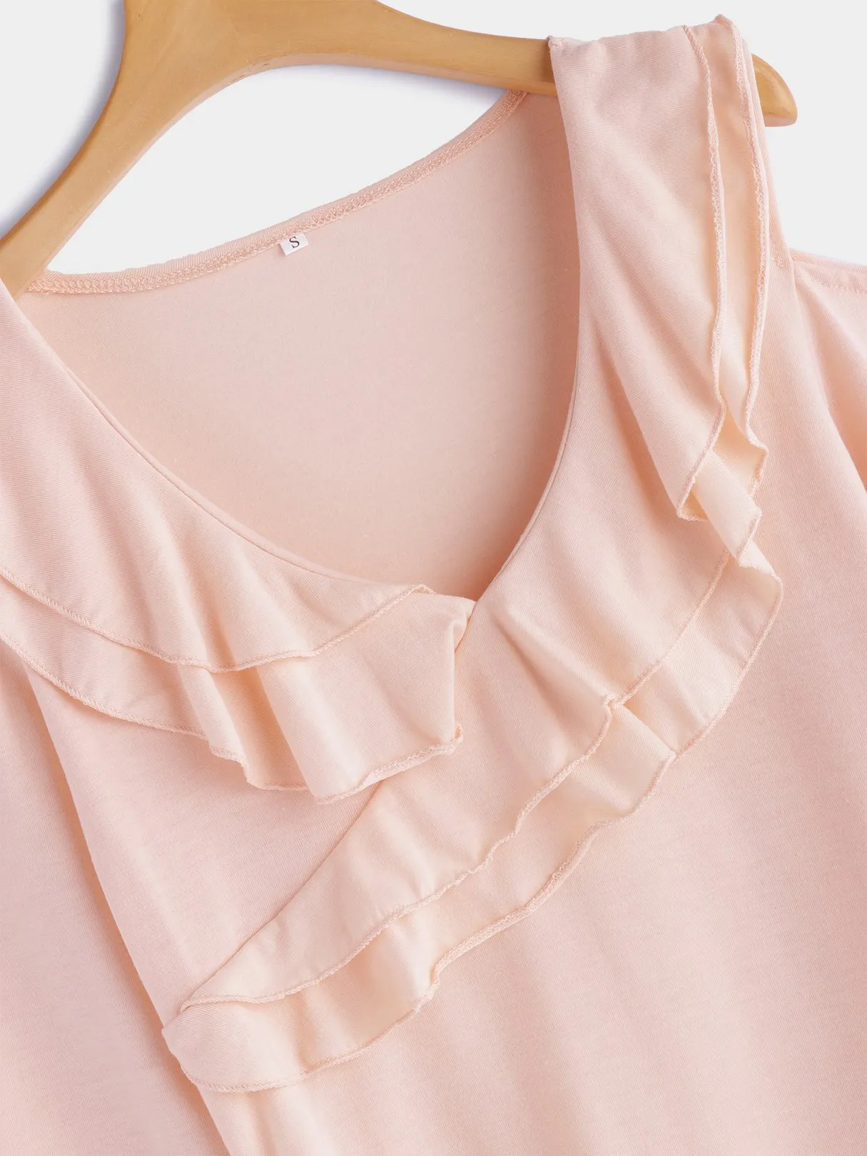 OEM ODM Cold Shoulder Deep V Neck Plain Crossed Front Tiered Cut Out Pleated Long Sleeve Pink T-Shirts