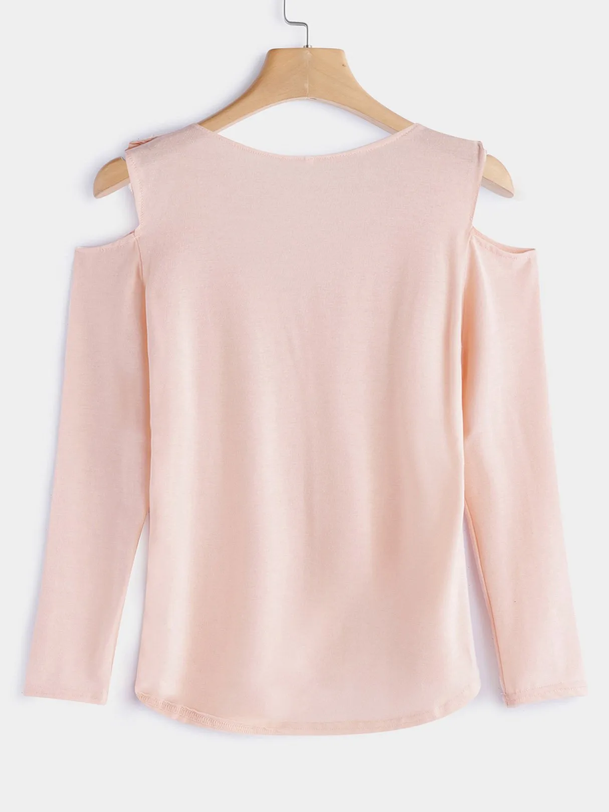 OEM ODM Cold Shoulder Deep V Neck Plain Crossed Front Tiered Cut Out Pleated Long Sleeve Pink T-Shirts