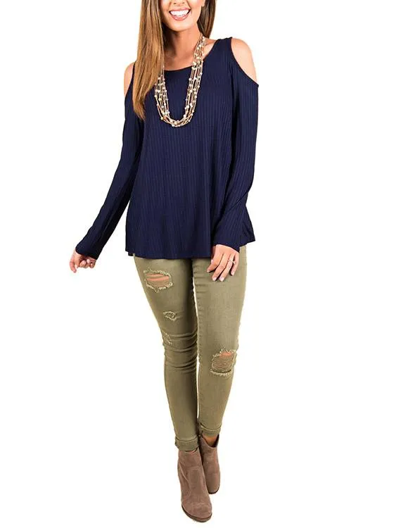 OEM ODM Round Neck Cold Shoulder Cut Out Long Sleeve Navy Top