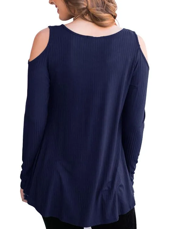 OEM ODM Round Neck Cold Shoulder Cut Out Long Sleeve Navy Top