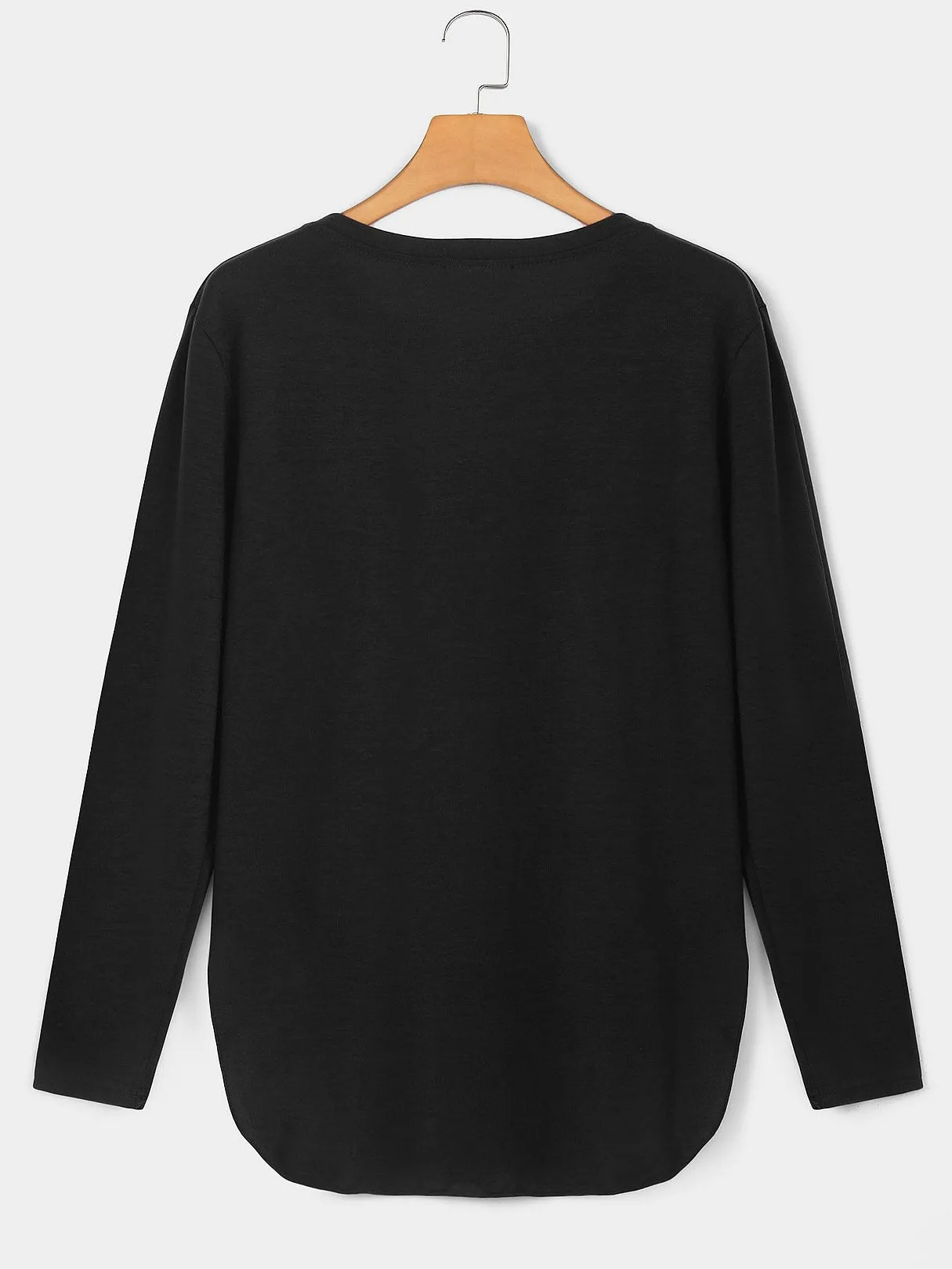 OEM ODM Round Neck Slit Long Sleeve Irregular Curved Hem Black T-Shirts