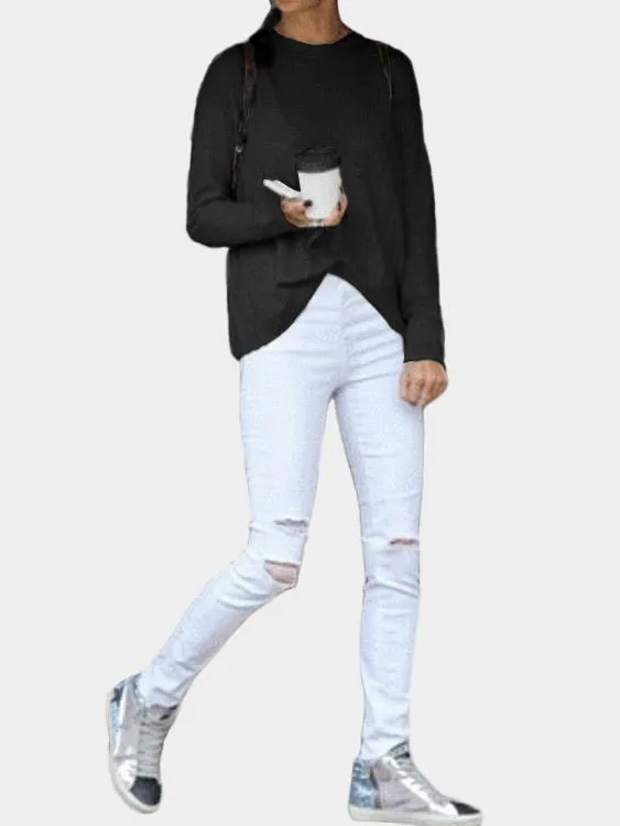 OEM ODM Round Neck Slit Long Sleeve Irregular Curved Hem Black T-Shirts