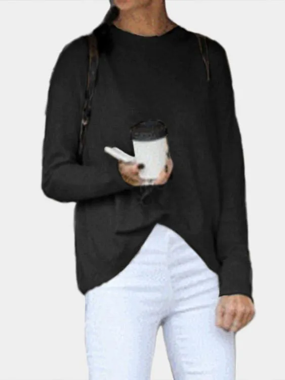 OEM ODM Round Neck Slit Long Sleeve Irregular Curved Hem Black T-Shirts