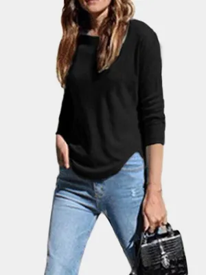 OEM ODM Round Neck Slit Long Sleeve Irregular Curved Hem Black T-Shirts
