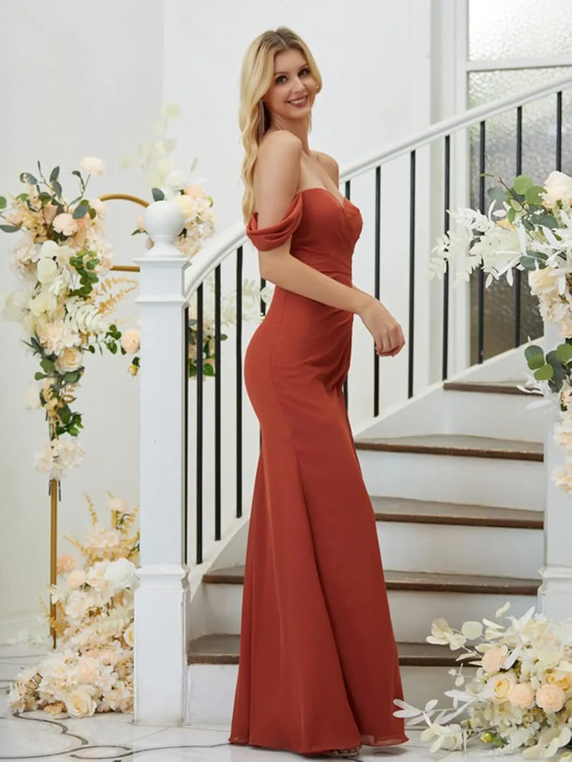 Off The Shoulder Mermaid Bridesmaid Dresses with Slit Long Chiffon Pleated Corset Formal Evening Prom Dress