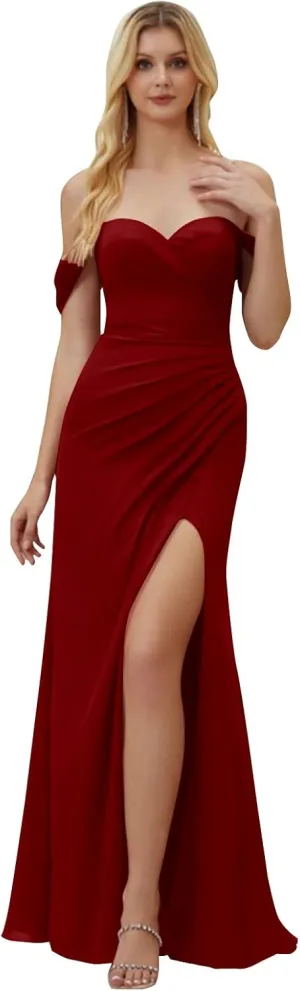 Off The Shoulder Mermaid Bridesmaid Dresses with Slit Long Chiffon Pleated Corset Formal Evening Prom Dress