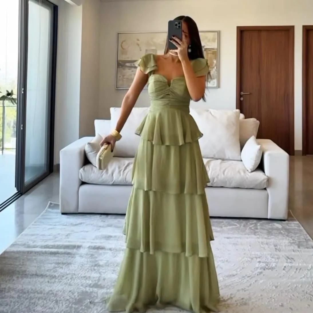 Off The Shoulder Tiered Prom Dresses Chiffon Ruffled Sleeves Bridesmaid Dress Ruched Party Gowns