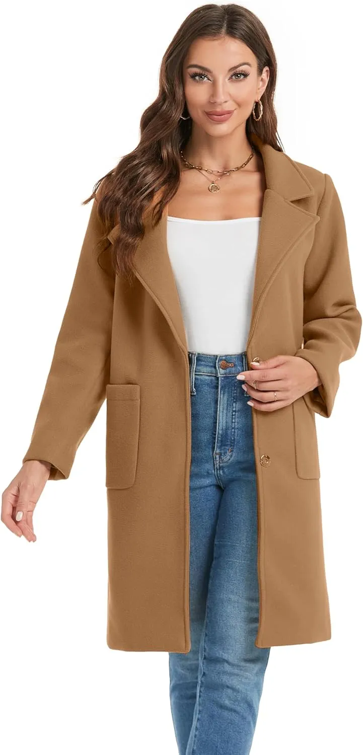Omoone Women's Notched Lapel Wool Coats Mid Long Button Pea Coats Warm Thicken Trench Jacket