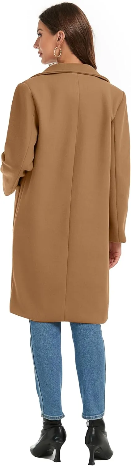 Omoone Women's Notched Lapel Wool Coats Mid Long Button Pea Coats Warm Thicken Trench Jacket