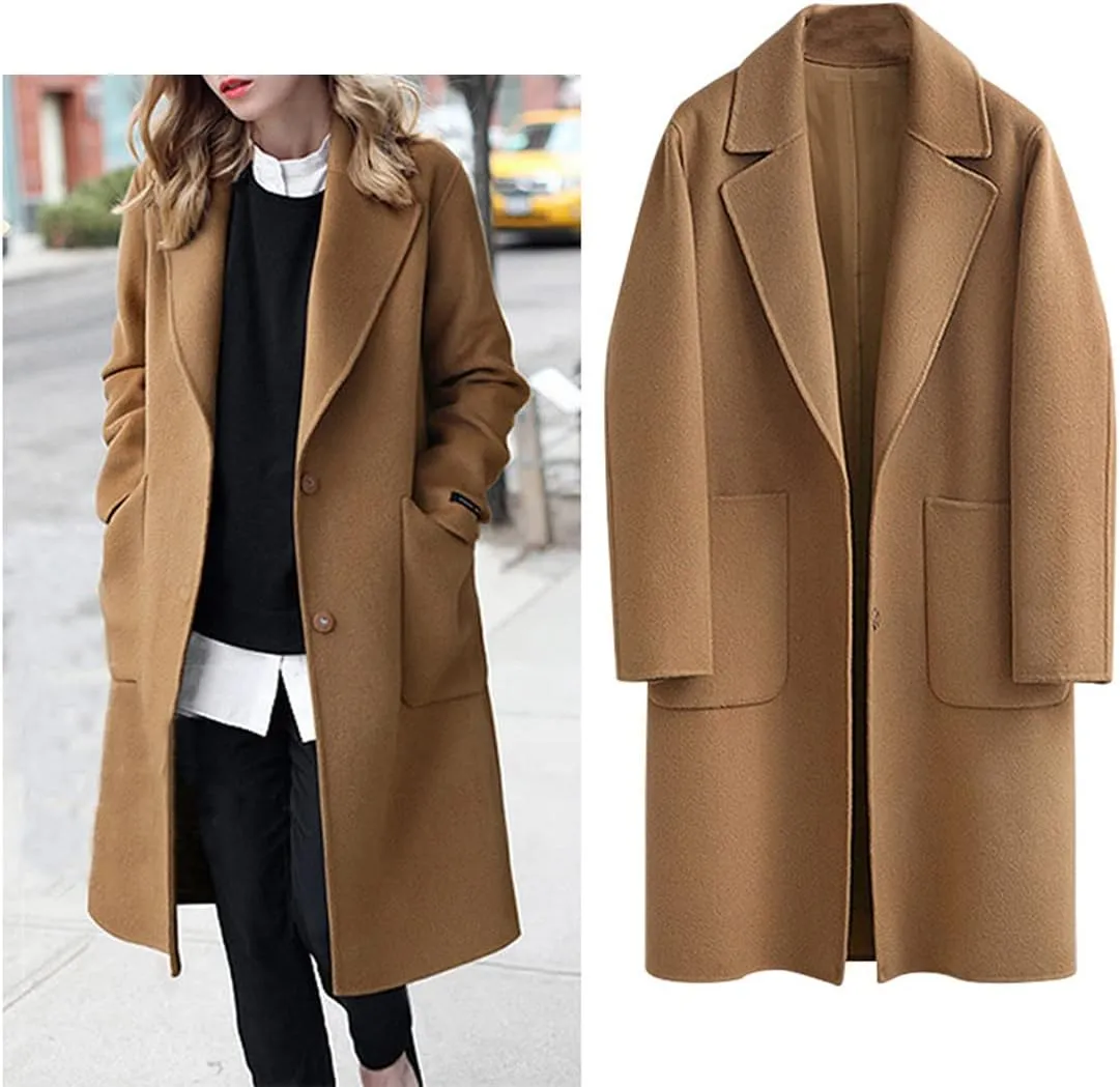 Omoone Women's Notched Lapel Wool Coats Mid Long Button Pea Coats Warm Thicken Trench Jacket