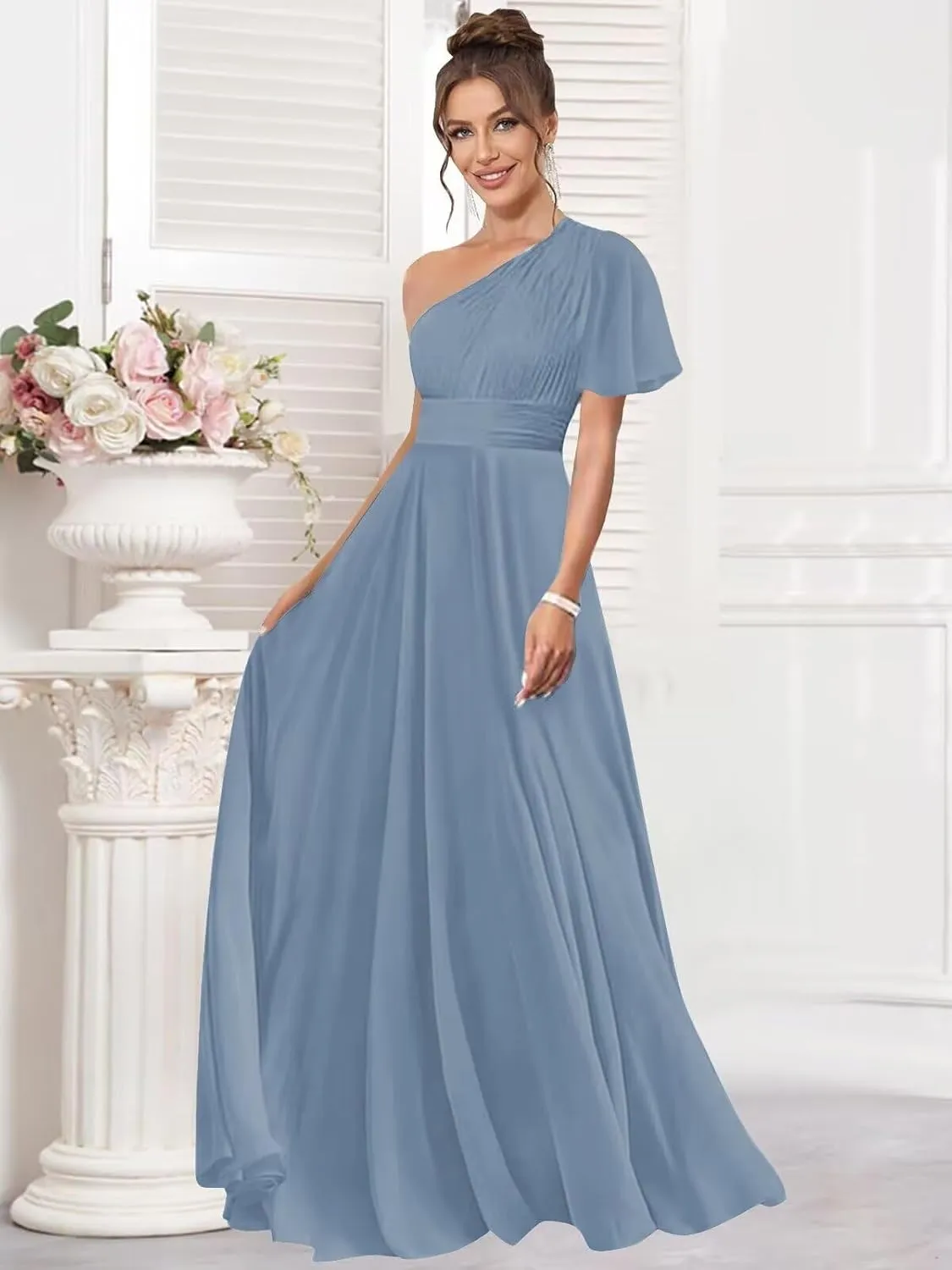 One Shoulder Bridesmaid Dresses for Women Long Short Sleeve Pleated Chiffon Formal Evening Gowns